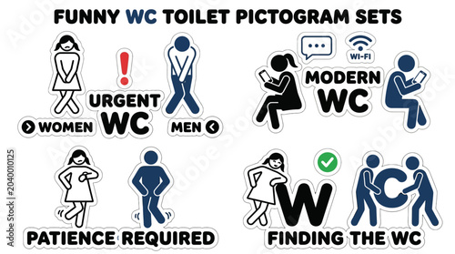 A set of funny toilet pictograms for public restrooms with various signs and symbols. , jpg, vector icons sets, png,