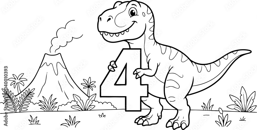 Obraz premium Cartoon Dinosaur Holding Number Four Coloring Page