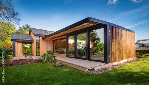 modern timber frame extension on a traditional house showcasing design and connection with the garden