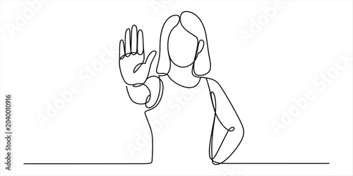 Billede på lærred Woman holding up hand in stop gesture, continuous line art drawing Vector, illus