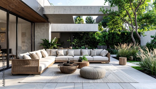 Elegant Outdoor Living Space with Modern Design and Lush Greenery.