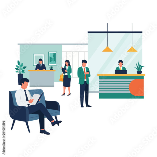 Business people at bank reception and office interior illustration