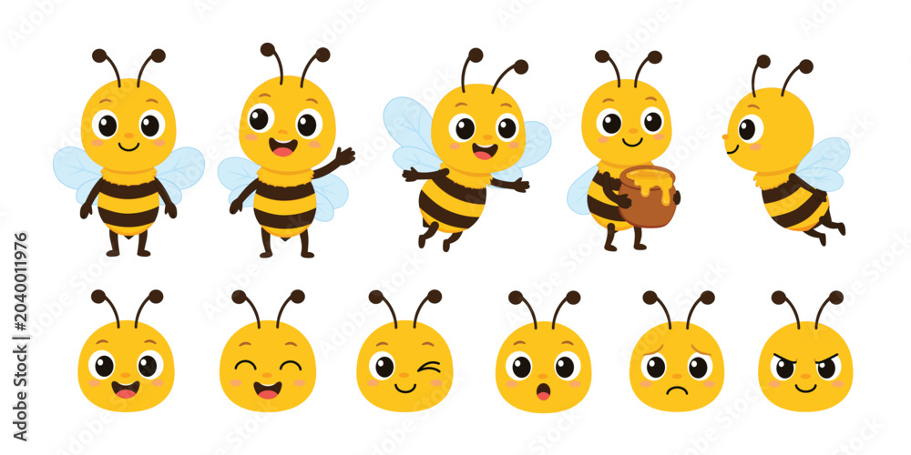 Fototapeta premium Cute Honey Bee Cartoon Character Set Collection