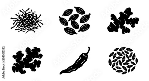Foto Spice Collection Vector Icons: Saffron, Cardamom, Ginger, Chili Pepper, Seeds, C