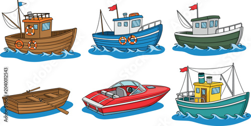 Cute Cartoon Boat Icon Set with Fishing Trawler Rowboat Speedboat and Tugboat Vessels Sailing on Sea Waves for Kids Nautical Illustration Design (22 words)