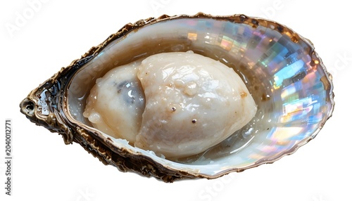   Freshly opened oyster with plump juicy meat nestled inside an iridescent mother-of-pearl shell, ultra-realistic seafood photography, shimmering nacre texture with natural rainbow reflections, detail