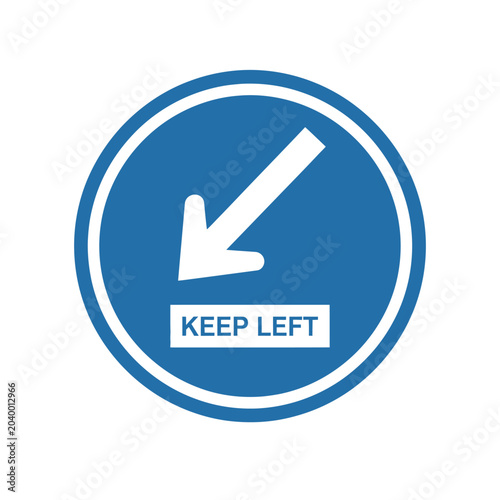 Keep Left Traffic Sign, Blue and White Arrow on White Background