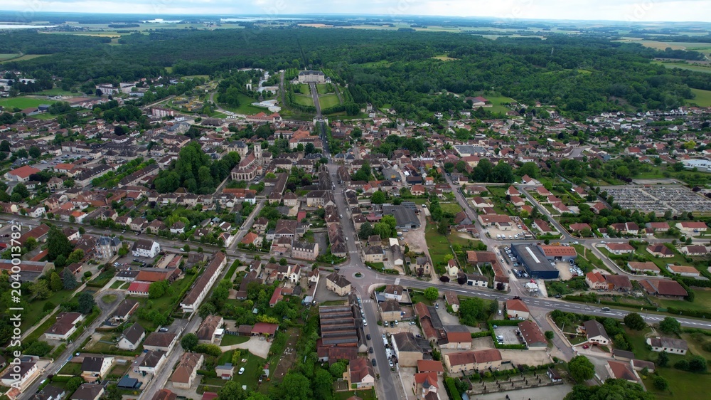 Obraz premium Panoramic aerial view around the old town of the city Brienne-le-Château in France on a sunny spring day