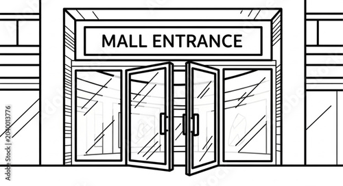 Foto Modern Mall Entrance with Open Glass Doors and Signage.