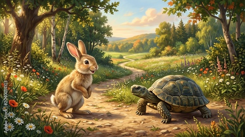 Rabbit Meets Turtle on Path in Peaceful Landscape Illustration