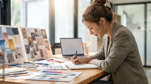 Young female designer working at desk with mood boards and fabric swatches