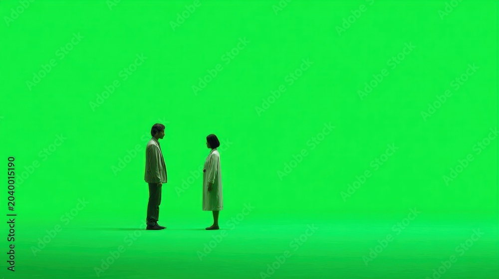 Fototapeta premium Two figures, light-colored clothing, facing each other against a solid green background