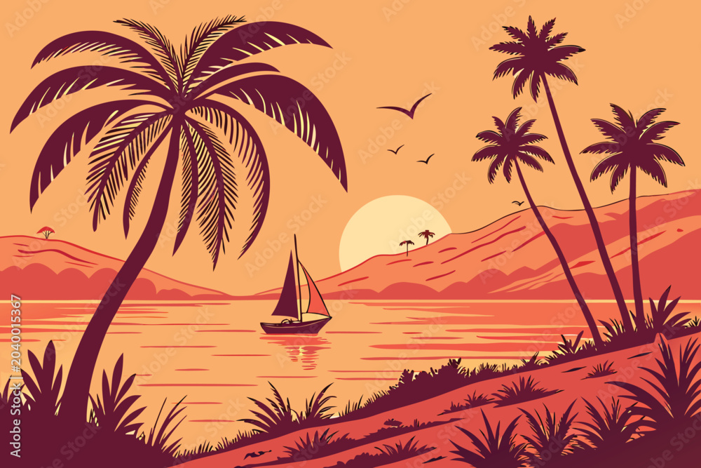 Fototapeta premium beautiful sunset landscape vector design with flying birds, palm trees in red and orange color