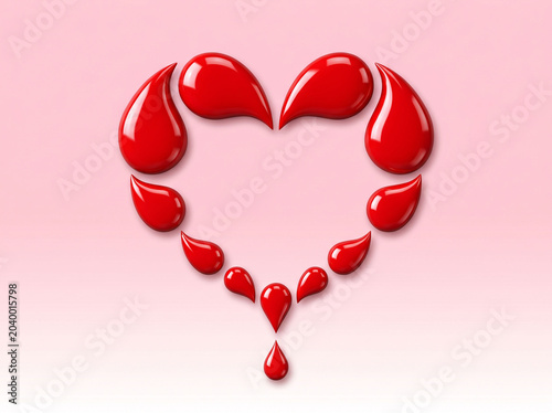 Red blood drops forming heart shape on pink background.