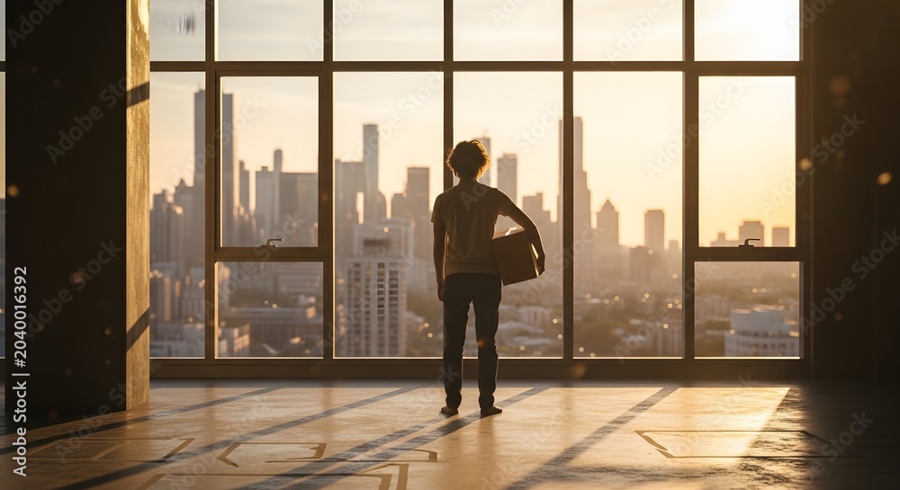Fototapeta premium Silhouette of a person with a box gazing at a cityscape through large windows