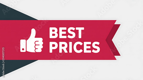 Red banner with thumbs up and text Best Prices on white background sale discount