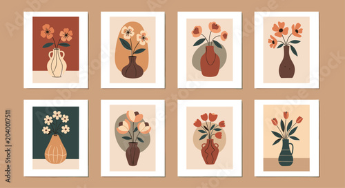 Minimalist botanical art prints featuring various flowers in vases with an earthy color palette for home wall decoration.