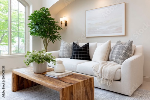 rustic farmhouse living room with natural light, white walls and black accents, cozy sofa, rustic wooden coffee table, warm lighting from a vintage chandelier
