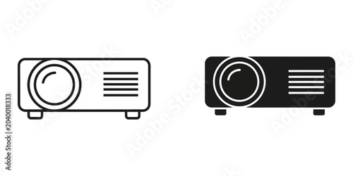 Digital projector icon in outline and solid form on white background for presentations