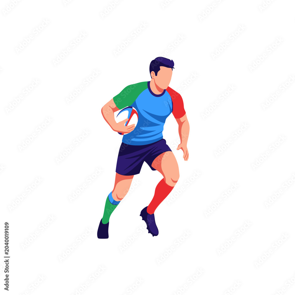 Fototapeta premium Rugby Player Running With Ball, Flat Vector Illustration