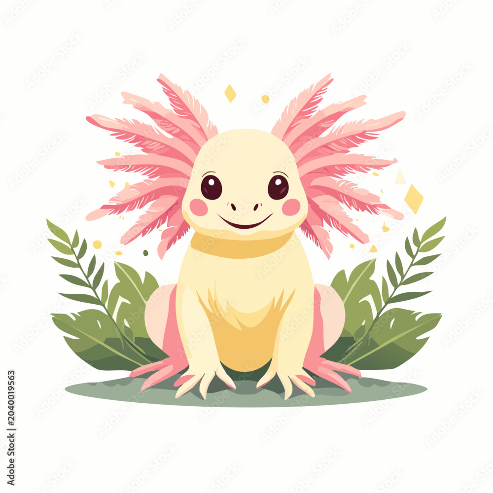 Fototapeta premium Cute Cartoon Axolotl with Pink Gills and Green Leaves