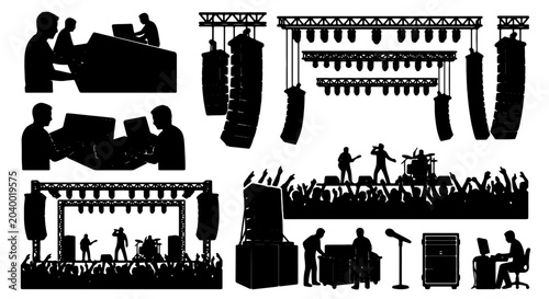 Foto Concert Stage Lighting and Sound Equipment Silhouettes, Music Performance Crowd,