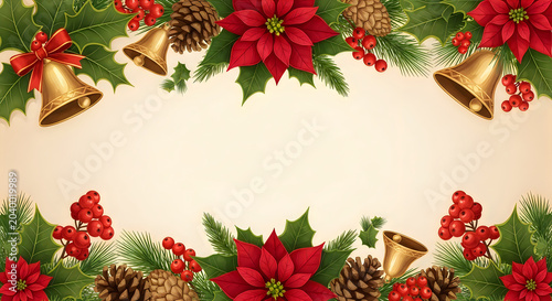 Christmas border with poinsettias bells and pinecones