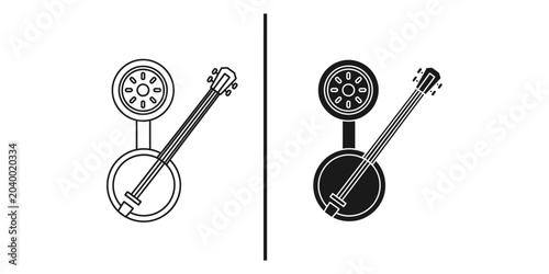 Foto Banjo instrument outline and silhouette divided by a line for comparison and con