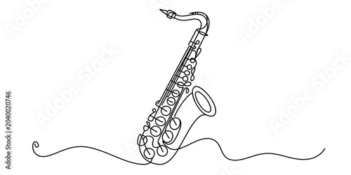 Continuous line drawing of a saxophone with wavy lines representing music or sound Vector, illustration