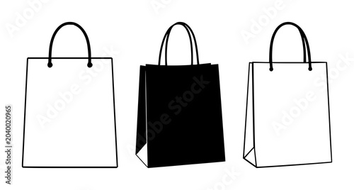 Paper shopping bag icon set with solid black design on white background featuring shopping bag, icon, vector with simple and minimalistic