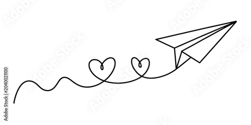 Black line art paper airplane flying with hearts and wavy line Vector, illustration