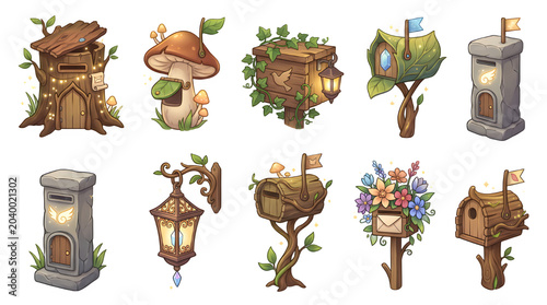 Fairy Mailbox Icons Set, Enchanted Woodland Communication Objects Fantasy Vector Pack