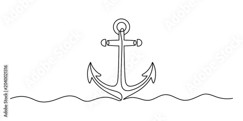 Simple anchor line drawing on wavy water, nautical symbol, minimalist vector art Vector, illustration