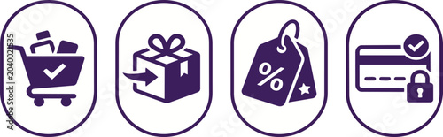 Set of four purple flat vector icons representing e-commerce shopping cart package delivery discount price tag and secure credit card payment process isolated as a high quality graphic on transparent 