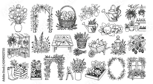Billede på lærred Vintage garden line art collection, 21 hand drawn botanical illustrations, rusti