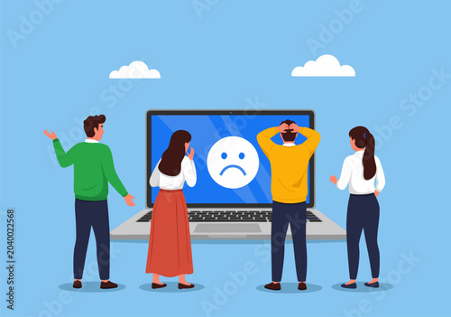 Vector illustration of frustrated people looking at a sad face on a laptop screen, representing error or dissatisfaction