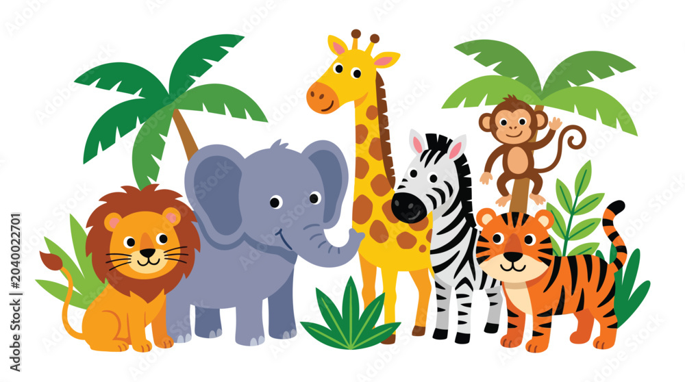 Naklejka premium Group of safari wild animals gathering cartoon illustration