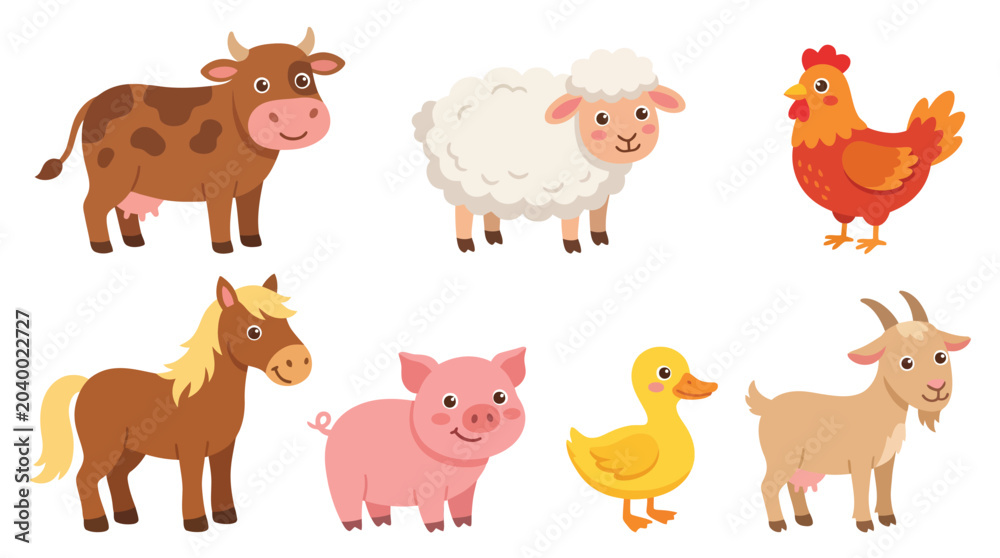 Fototapeta premium Set of cute farm animals cartoon illustrations collection
