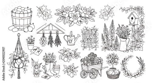 Fotografie Vintage garden line art collection, rustic cottagecore gardening elements vector