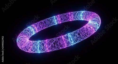 Glowing neon pink blue oval shaped wireframe light structure on dark background