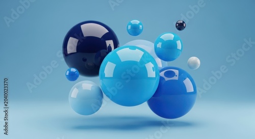 Group of shiny blue and black reflective spheres floating in air