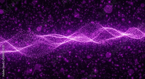 Purple neon light wave with particles on dark purple background with spots