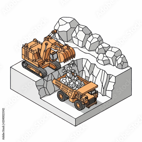 Billede på lærred Heavy machinery excavating and loading rocks into a dump truck.
