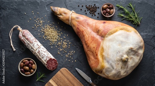 Canvas Print Whole cured ham and salami with olives, peppercorns, and herbs on slate