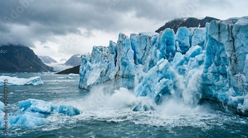 Photography Massive blue glacier calving into the ocean with dramatic splash and icebergs