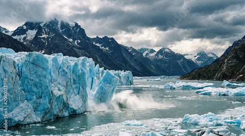 Картината върху платно Glacier calving into a bay with icebergs and snow capped mountains