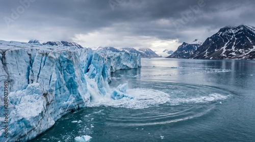 Massive glacier calving into the ocean with dramatic cloudy sky