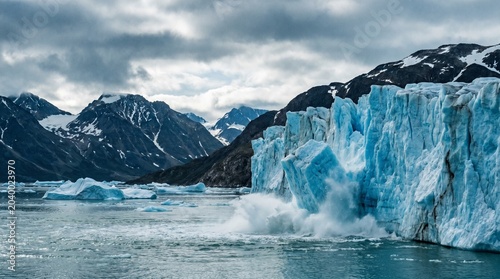 Foto Glacier calving into the ocean with dramatic mountain backdrop