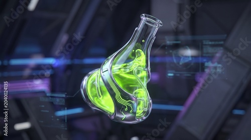 Futuristic laboratory flask with glowing green liquid and integrated circuitry