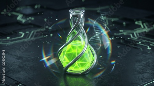 Glowing green substance in laboratory flask with DNA helix and circuit board